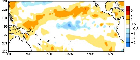 Pacific Ocean surface temperature anomalies, in degrees Celsius, for the seven-day period centred on Aug. 31, 2016. (CPC.ncep.noaa.gov)
