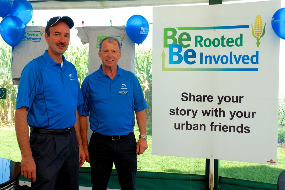 Stephen Denys and Dave Baute of Maizex Seeds at the launch of the company’s “Be Rooted. Be Involved” initiative at Canada’s Outdoor Farm Show. (Ralph Pearce photo)
