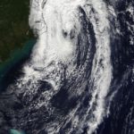 NASA’s Terra satellite observes Post-Tropical Cyclone Matthew being absorbed by a cold front along the U.S. Eastern Seaboard on Oct. 9 at 11:45 a.m. ET. (NASA Goddard MODIS Rapid Response Team)
