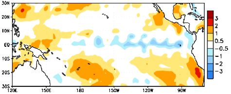 Anomalies in weekly averaged sea surface temperature (Celsius) over the Pacific for the week centred on Nov. 30, 2016. (CPC.ncep.noaa.gov)
