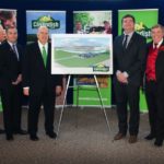 Unveiling a rendering of Cavendish Farms’ planned new Lethbridge plant (close-up below) are (l-r) 48-year Cavendish employee Gerry Patterson; Cavendish’s Lethbridge director of operations, Lee Gleim; Cavendish’s senior vice-president Ron Clow, Cavendish president Robert Irving; Alberta Agriculture Minister Oneil Carlier; Lethbridge Mayor Chris Spearman; Trevor Lewington, CEO of Economic Development Lethbridge; and potato grower Greg Nakamura. (Photo and graphic courtesy Cavendish Farms)
