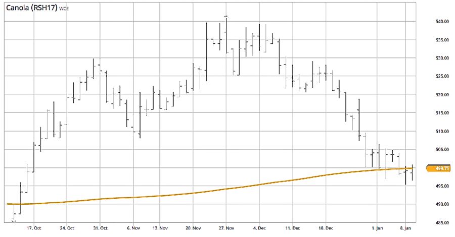 March 2017 canola, with the simple 200-day moving average included in orange. (Barchart.com)
