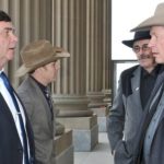 Alberta Agriculture Minister Oneil Carlier speaks with Alberta Beef Producers’ Tom Lynch-Staunton, Roland Cailliau and Bob Lowe (l-r). (Government of Alberta photo)
