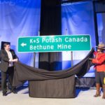 K+S Potash Canada CEO Ulrich Lamp and members of the RCMP unveil a new highway sign on May 2, 2017, to announce the K+S Legacy mine’s name change to “Bethune.” (KS-PotashCanada.com)
