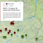 A close-up screengrab from near 100 Mile House on the B.C. Wildfire Animal Resource Map. Tags in red denote producers with livestock needing to be moved; tags in green denote offers of space or transport for affected livestock.
