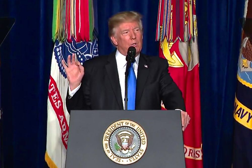 U.S. President Donald Trump speaks at Fort Myer, Va. on Aug. 21, 2017. (Video screengrab from WhiteHouse.gov)
