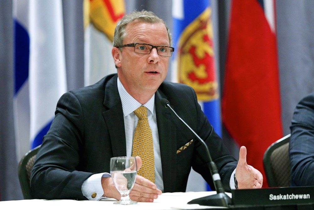 Saskatchewan Premier Brad Wall speaks during a news conference in Quebec in 2015.  Photo: Reuters/Mathieu Belanger
