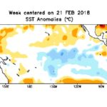 Sea surface temperature anomalies (in degrees Celsius) over the equatorial Pacific for the week centred on Feb. 21. (CPC.ncep.noaa.gov)
