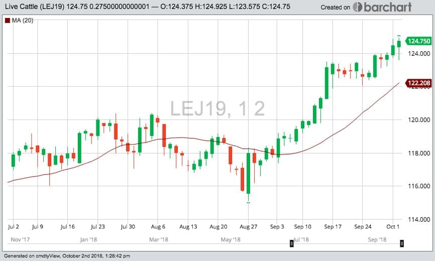 CME April 2019 live cattle futures, with 20-day moving average in brown. (Barchart)
