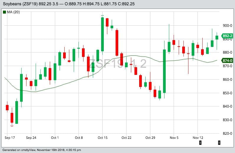 CBOT January 2019 soybeans, with 20-day moving average. (Barchart)
