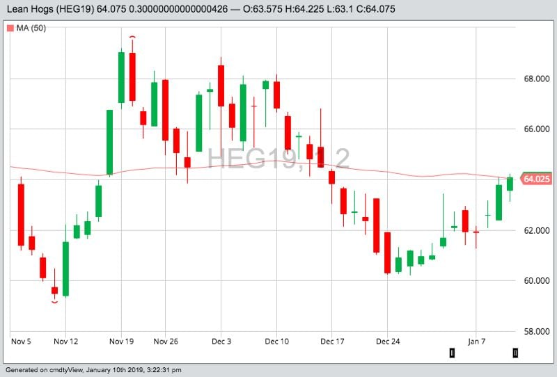 CME February 2019 lean hogs with 50-day moving average. (Barchart)
