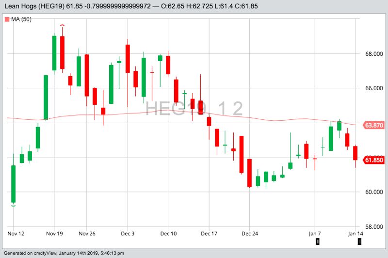 CME February 2019 lean hogs with 200-day moving average. (Barchart)
