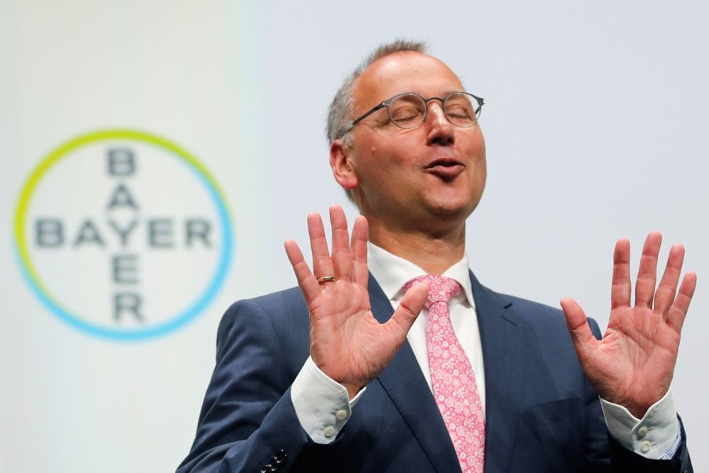 Bayer CEO Werner Baumann, shown here May 25 at the company’s annual shareholders’ meeting in Bonn, is reportedly under pressure to boost the company’s share price. (File photo: Reuters/Wolfgang Rattay)
