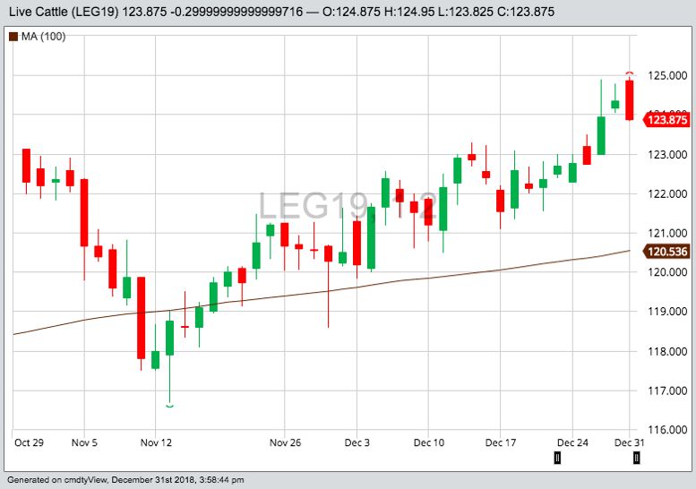 CME February 2019 live cattle with 100-day moving average. (Barchart)
