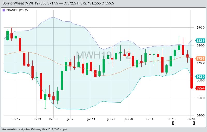 MGEX March 2019 wheat with Bollinger (20,2) bands. (Barchart)
