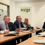 Manitoba Conservative MP James Bezan (l) and ag and trade critics Luc Berthold and Randy Hoback (centre) meet with farm and canola sector representatives including Keystone Agricultural Producers president Bill Campbell (right) and canola grower Brian Chorney (second from left) on April 24, 2019. (Dave Bedard photo)
