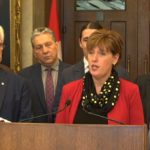 Agriculture Minister Marie-Claude Bibeau announces expansion of the federal Advance Payments Program in Ottawa on May 1, 2019, flanked by Trade Diversification Minister Jim Carr (l) and his fellow Winnipeg MPs Dan Vandal, Robert Falcon-Ouellette and Terry Duguid. (Video screengrab from Agriculture and Agri-Food Canada via Facebook Live)
