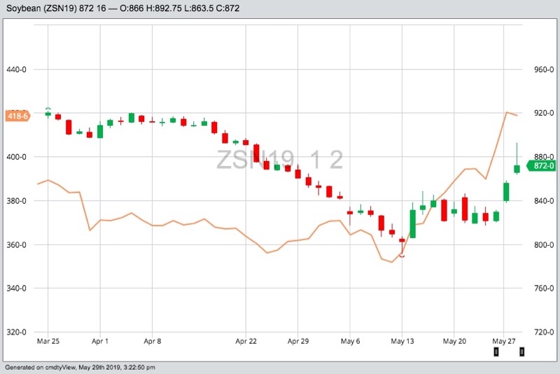 CBOT July 2019 soybeans, with July 2019 corn (orange line). (Barchart)
