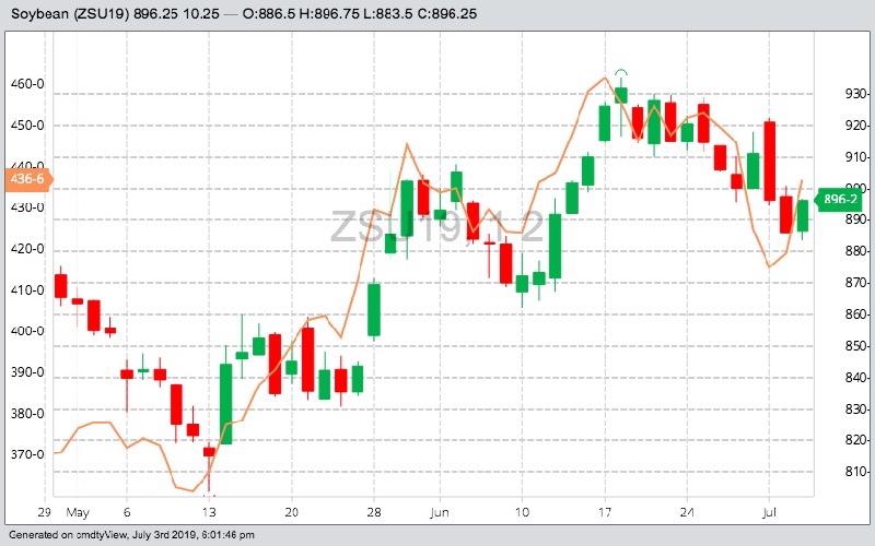 CBOT September 2019 soybeans (candlesticks) compared to September corn (line). (Barchart)
