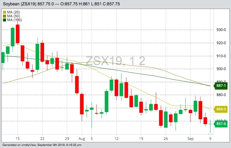 CBOT November 2019 soybeans with 20-, 50- and 100-day moving averages. (Barchart)
