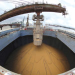 A Chinese ship is loaded with soybeans at the Brazilian Port of Santos.