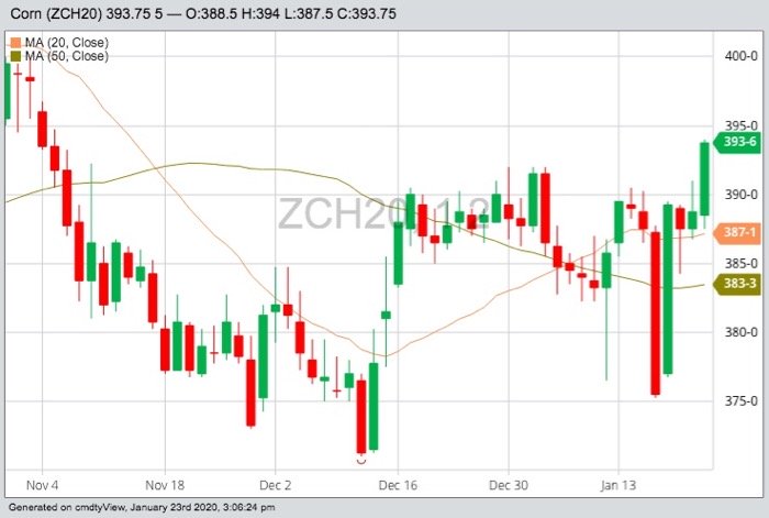 CBOT March 2020 corn with 20- and 50-day moving averages. (Barchart)
