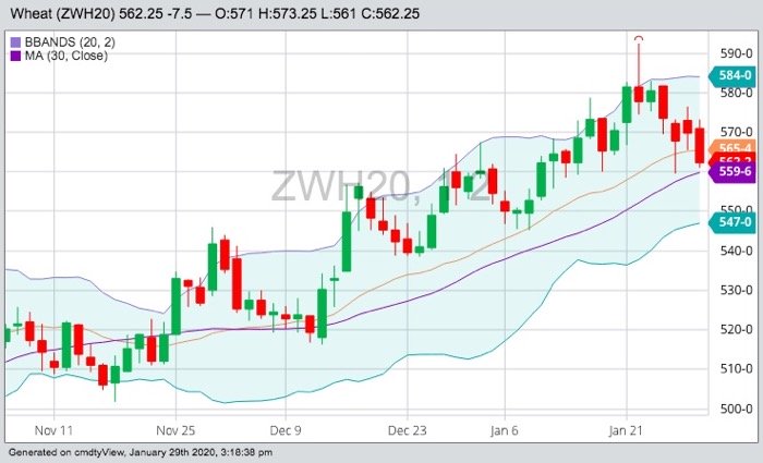 CBOT March 2020 wheat with Bollinger (20,2) bands and 30-day moving average (in purple). (Barchart)

