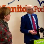 Manitoba Pork Council chair George Matheson and federal Agriculture Minister Marie-Claude Bibeau announce funding for a two-year pilot insurance program for Manitoba hog producers. (Dave Bedard photo)