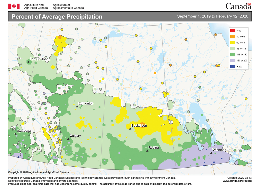 This map shows how much precipitation the Prairies have received compared to average since Sept. 1. While much of Saskatchewan and Manitoba have seen very little snow so far this winter, the heavy late-fall snows and rains mean that so far this agricultural year, most of the Prairies are reporting either near- or above-average amounts of precipitation. There are a couple of drier-than-average areas, in north-central Saskatchewan and Alberta’s far northern Peace region.