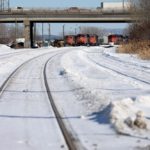 CN locomotives are seen on track near a railway blockade at St-Lambert, Que. on Feb. 20, 2020. (Photo: Reuters/Christinne Muschi)