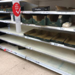 Empty shelves out of stock of pasta are pictured in a supermarket in London, England, March 6, 2020.