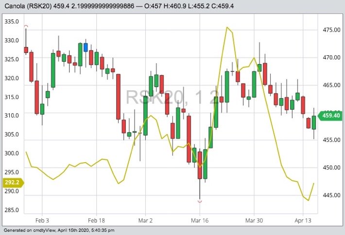 ICE May 2020 canola (candlesticks, in Cdn$) and CBOT May 2020 soymeal (yellow line, US$). (Barchart)

