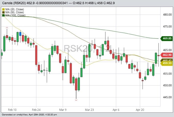 ICE May 2020 canola with 20-, 50- and 100-day moving averages. (Barchart)
