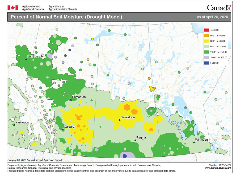 This map shows the percentage of normal (or average) soil moisture across the Prairies as of April 20. The majority of the Prairies is experiencing average to above-average amounts of soil moisture, with large portions of all three provinces seeing amounts ranging from a low near 85 per cent up to 150 per cent. There are a couple of pockets with greater than 150 per cent, while there is a corridor of below-average soil moisture stretching from east of Calgary toward Saskatoon.