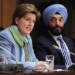 Minister of Agriculture and Agri-Food Marie-Claude Bibeau and Minister of Innovation, Science and Industry Navdeep Bains at a March 23 news conference as efforts continue to help slow the spread of coronavirus.