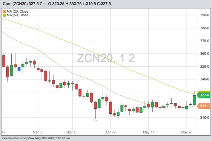 CBOT July 2020 corn with 20- and 50-day moving averages. (Barchart)
