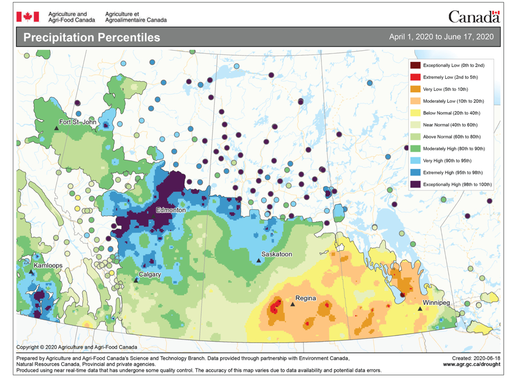 This weather graphic shows the total amount of precipitation that has fallen across the Prairies so far this growing season (April 1 to June 17) as percentiles. It has been very wet across central Alberta and Saskatchewan, with exceptional wetness over a large area around Edmonton. Across much of southern Saskatchewan and Manitoba it has been dry, with a large area seeing moderately to extremely dry conditions.