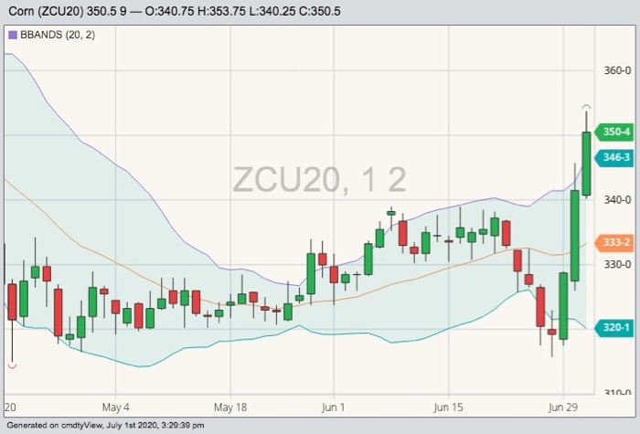 CBOT September 2020 corn with Bollinger (20,2) bands. (Barchart)
