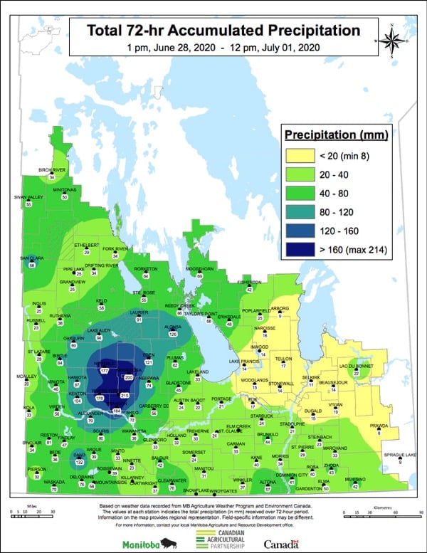 The 72-hour precipitation map for Manitoba from June 28 into July 1.
