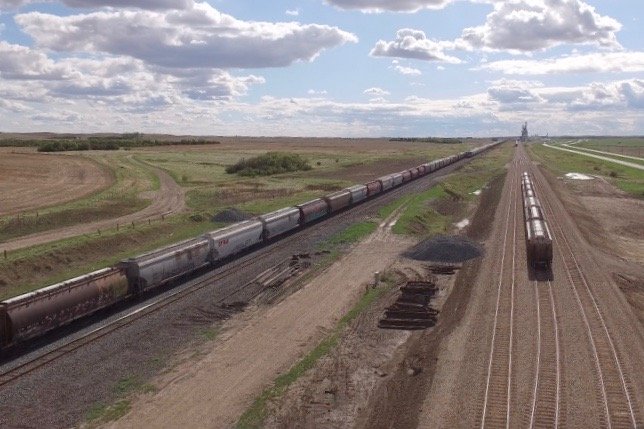South West Terminal’s Antelope facility, about 45 km southwest of Swift Current, Sask., last month set the record for the largest grain train loaded and launched on the Prairies from a single point of origin, with this 224-car train of durum wheat. (SWT.ca)
