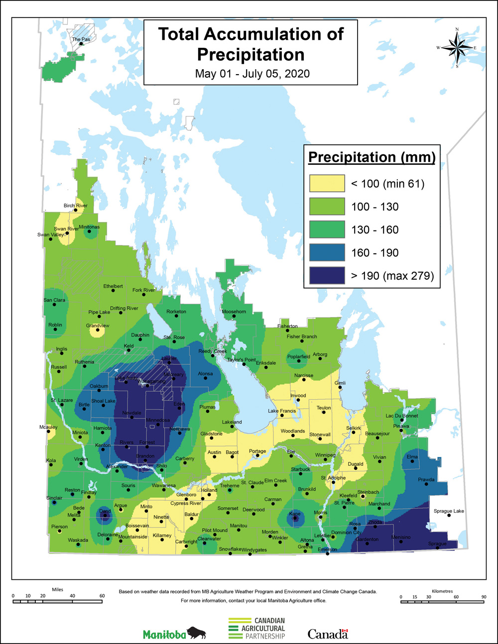 This weather graphic shows the total amount of precipitation that fell across agricultural Manitoba from May 1 through July 5. You can easily see the two heavy rain events that impacted Manitoba during this period. The first event hit southeastern regions in early June and again in early July. The second region, from Brandon north to Riding Mountain, experienced record-setting rains during the last few days of June.