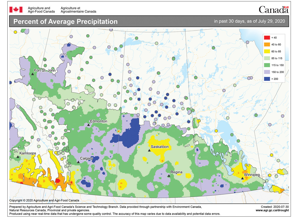 This map shows the total amount of precipitation that fell during the 30-day period ending on July 29th as a percent of the long-term average. Looking at the map there is an interesting pattern of above- near-, and below-average amounts that is indicative of rainfall falling mostly from thunderstorms. The two dry areas are found around and just north of Winnipeg and around Saskatoon. Wet regions are scattered all over, with the wettest area, compared to average, found in the region starting near Calgary and stretching northeastwards into Saskatchewan.