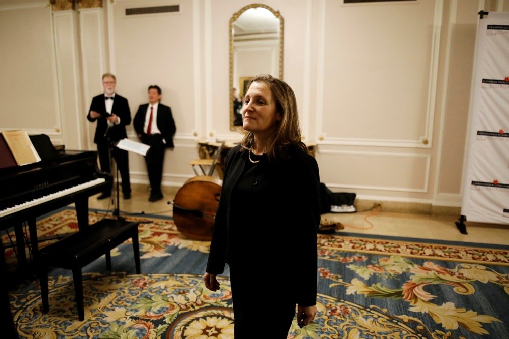 Deputy Prime Minister Chrystia Freeland waits to enter a ballroom at an event in Ottawa on Dec. 9, 2019. (Photo: Reuters/Blair Gable)
