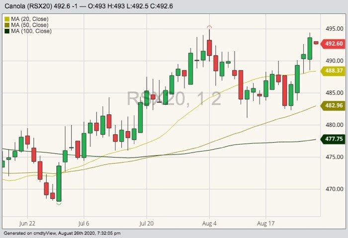 ICE November 2020 canola with 20-, 50- and 100-day moving averages. (Barchart)
