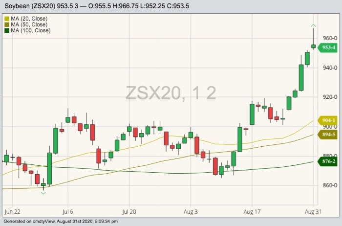 CBOT November 2020 soybeans with 20-, 50- and 100-day moving averages. (Barchart)
