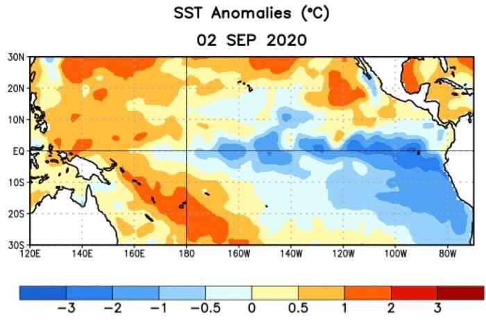 Average sea surface temperature anomalies over the equatorial Pacific Ocean for the week centred on Sept. 2, 2020 compared to 1981-2010 base period. (CPC.ncep.noaa.gov)
