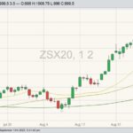 CBOT November 2020 soybeans with 20-, 50- and 100-day moving averages. (Barchart)
