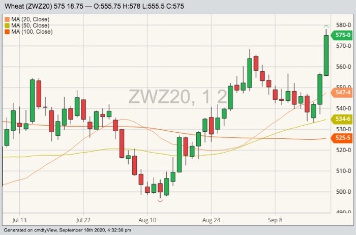CBOT December 2020 wheat with 20-, 50- and 100-day moving averages. (Barchart)
