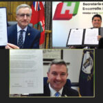 Kentucky Commissioner of Agriculture Ryan Quarles (bottom) for the United States, Hidalgo Secretary of Agriculture Carlos Muñiz Rodríguez for Mexico (upper right), and Manitoba Minister of Agriculture and Resource Development Blaine Pedersen (upper left) for Canada, sign the official communiqué following the 29th annual Tri-National Agricultural Accord meeting Oct. 20 to 22.