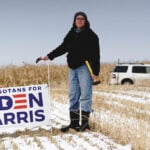 Meg Stuedemann, an organic farmer southwest of Minneapolis at Belle Plaine, Minn., stakes out her position ahead of the Nov. 3 U.S.
election, the outcome of which may further sway commodity markets.
